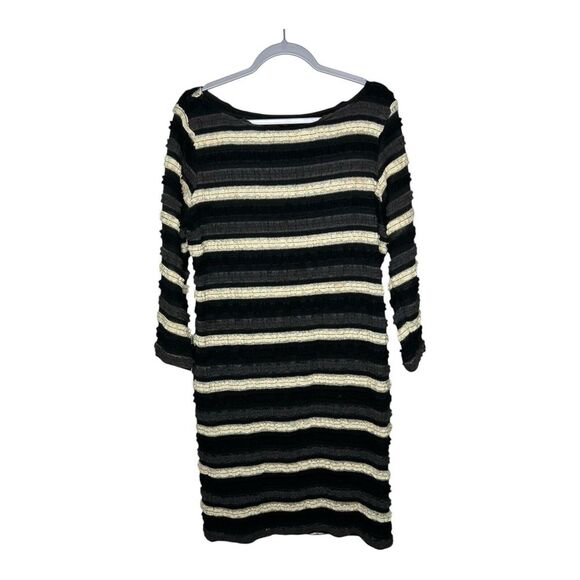 Sharagano Dress Womens Size 14 Striped Textured 3/4 Sleeves Boho Fall Black - Picture 1 of 13